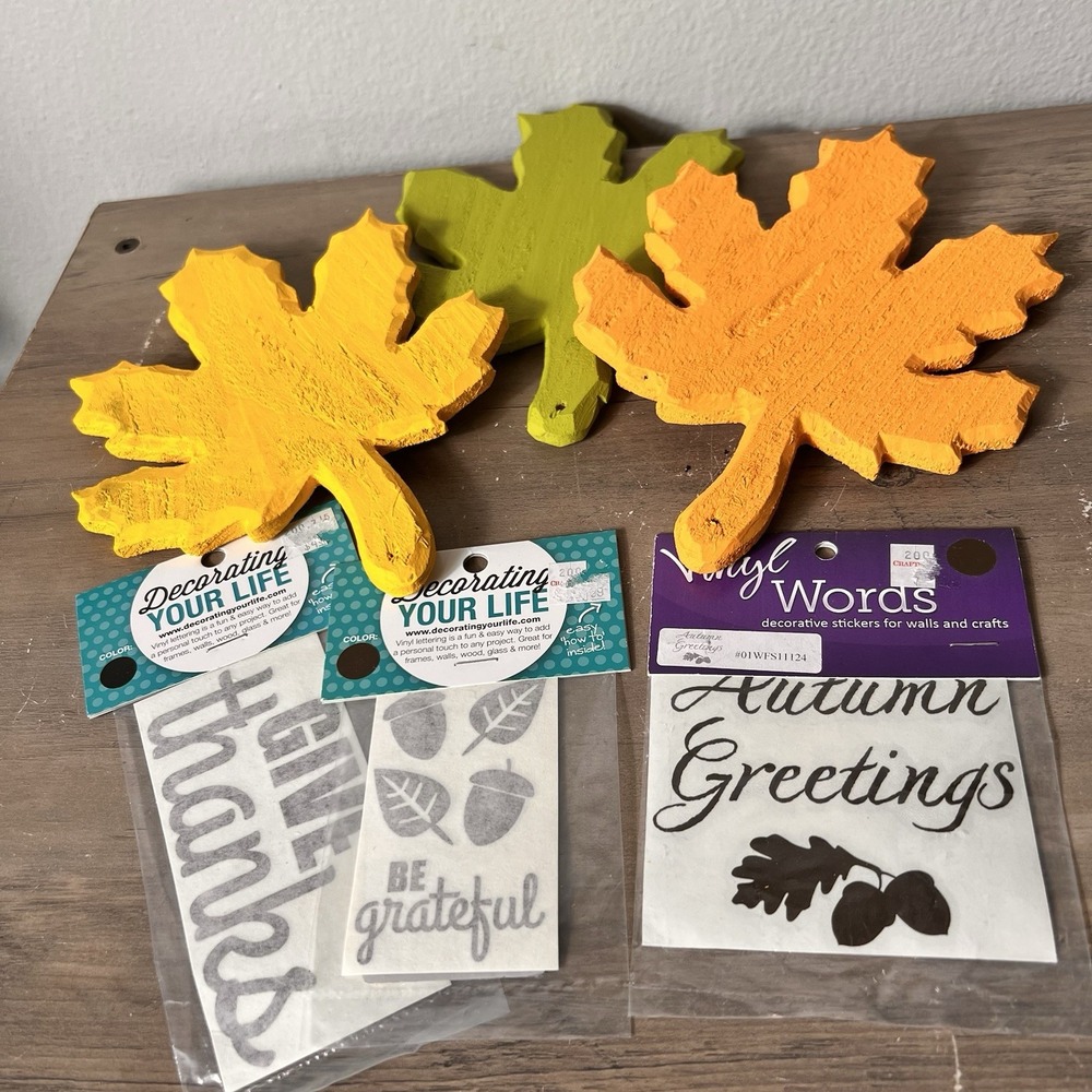 Autumn Decor Lot‎ Wooden 3 Leaf Cutouts & Fall Vinyl Word Decals *See Details